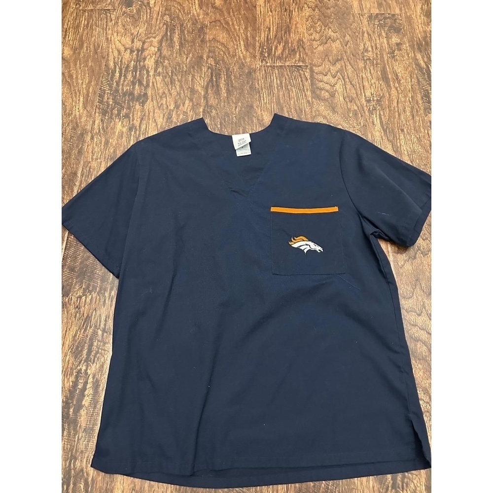 NFL Scrub Top Size S Navy Orange V Neck Short Sleeve Denver Broncos Team Spirit